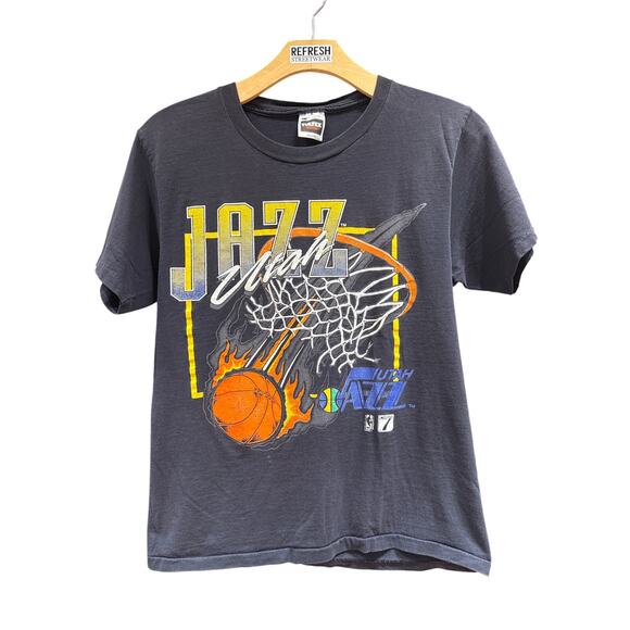 90s Vintage Utah Jazz Basketball NBA Tee Shirt Single Stitch Black Faded Medium - Picture 1 of 6